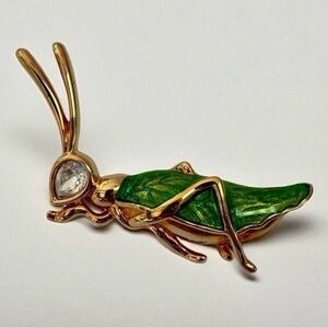 Vintage Swarovski Signed Swan Green Enamel Gold-Tone Grasshopper Brooch